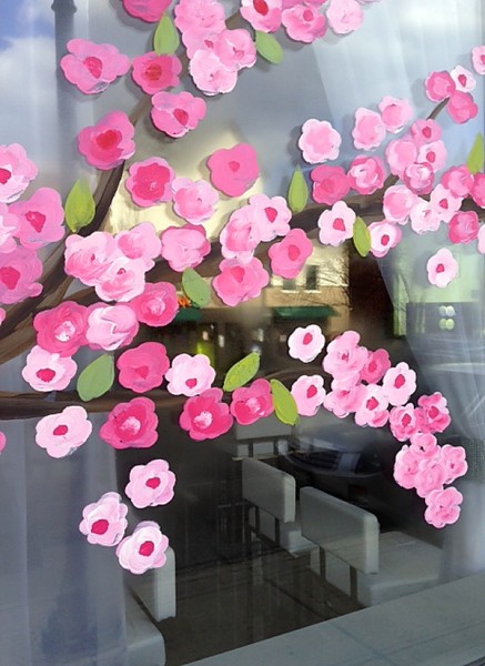 Sushi window with flowers very close up