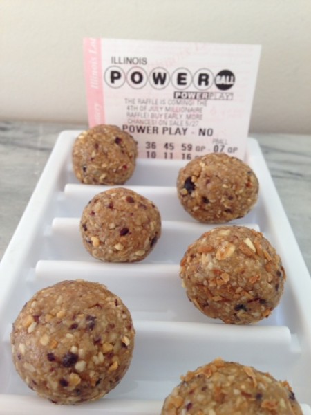 Power Balls on marble surface with ticket 2