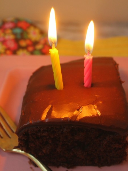 Clem chocolate cake with lit candles 1