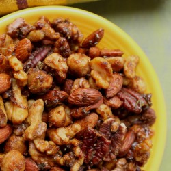 Roasted Nuts with Fresh Herbs Herb nuts in yellow bowl close up 7