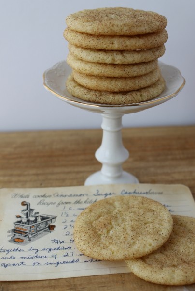 Snickerdoodles on stand with recipe