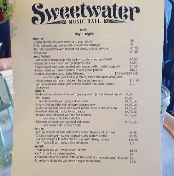 Mill Valley Sweetwater menu