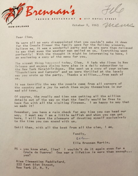 Clem New Orleans Brennan's letter