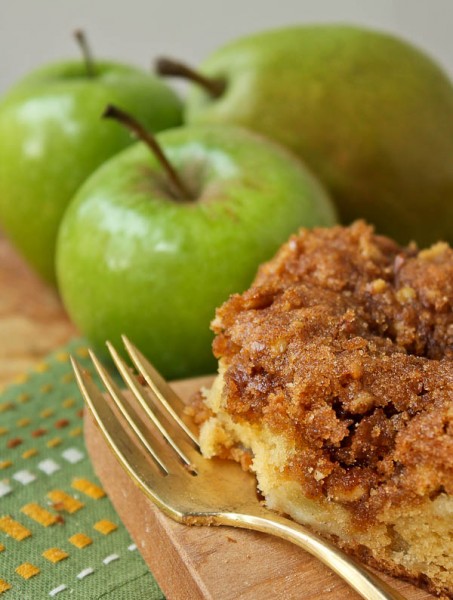 Pear Apple Coffee Cake slice with whole fruit