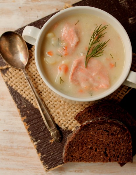 Salmon soup in bowl