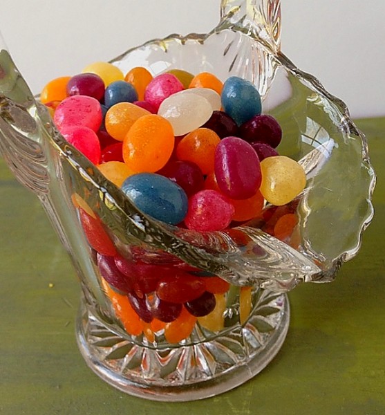 Easter jelly beans in glass basket