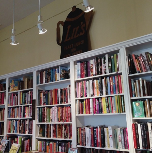 Omnivore book shelf with giant tea pot