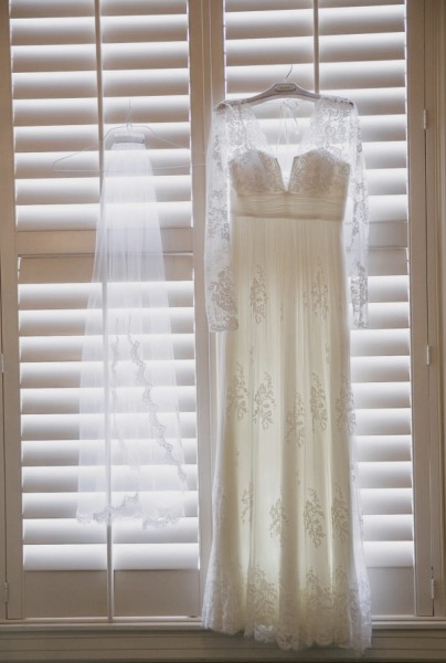 Wedding dress hanging up