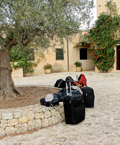 Butera leaving suitcases by trees