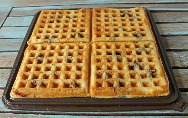 Four blueberry waffles on griddle