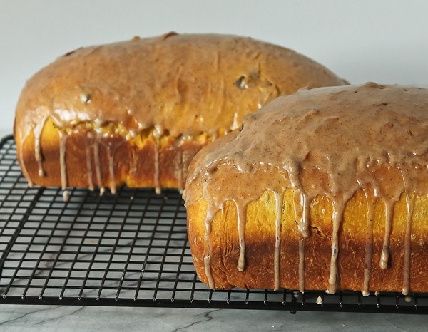 Pumpkin yeast bread whole with drips 2